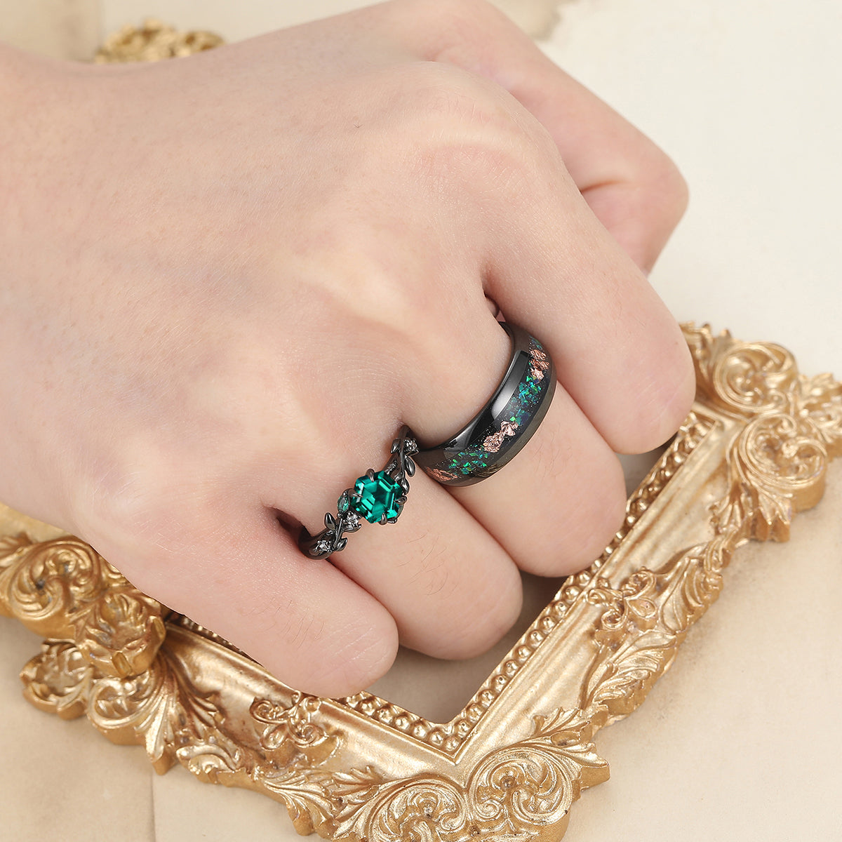 Unique Emerald Couples Ring Set Wood Matching Ring His and Hers Wedding Ring Set