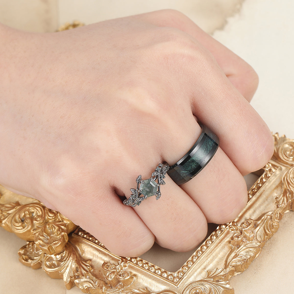 Moss Agate Engagement Couple Rings Galaxy Quicksand Inlay Tungsten Matching Wedding Rings