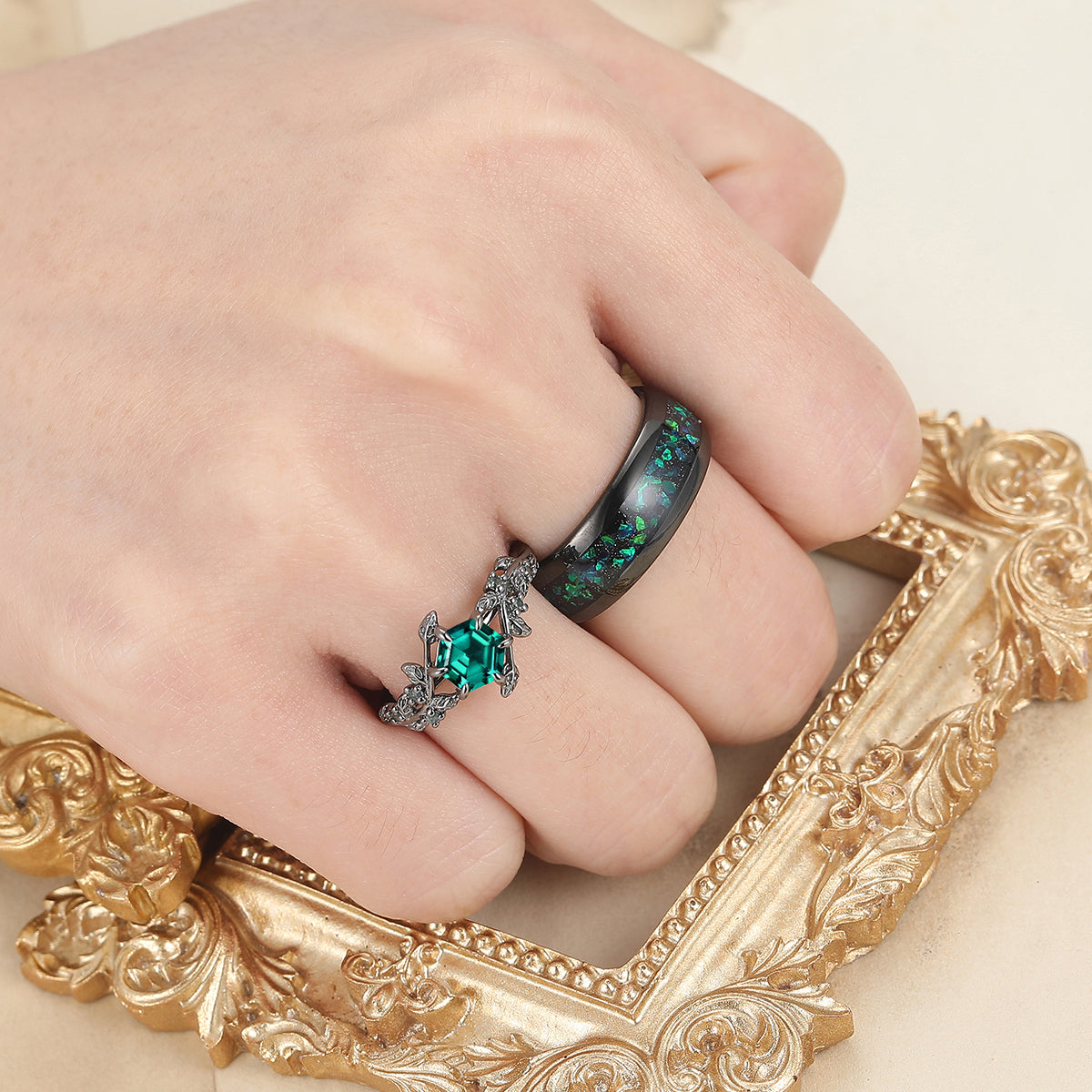 Brilliant Hexagon Cut Emerald Engagement Leaf Ring Set S925 And Tungsten Matching Ring