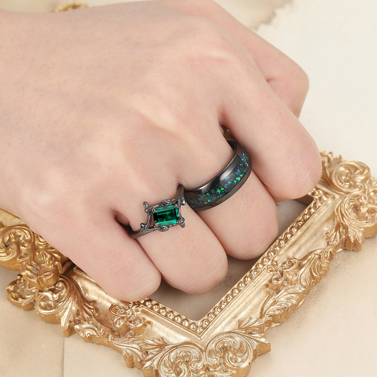 Solitaire Emerald Branch Engagement Couple Rings Matching Tungsten Marriage Ring