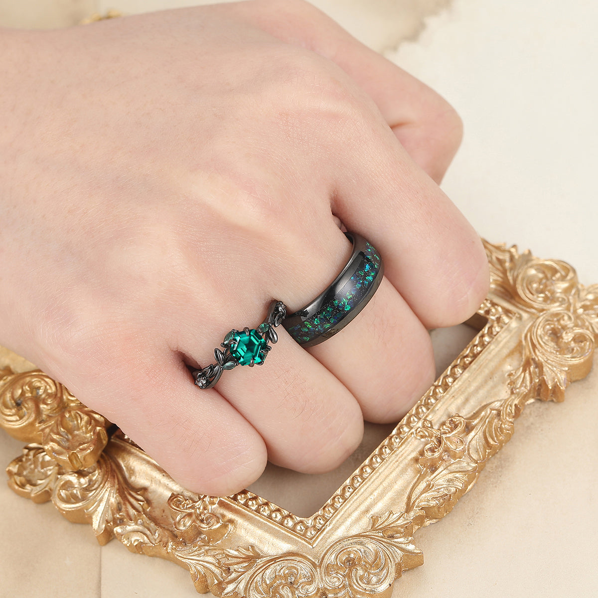 Dainty Emerald Sprigs Engagement Couple Rings Set Promise Green Tungsten Matching Rings