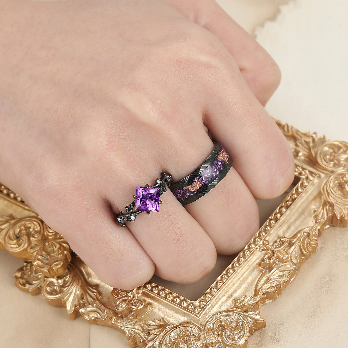 Interlaced Leaf Branches Amethyst Engagement Rings For Couples Matching Purple Damascus Steel Wedding Bands
