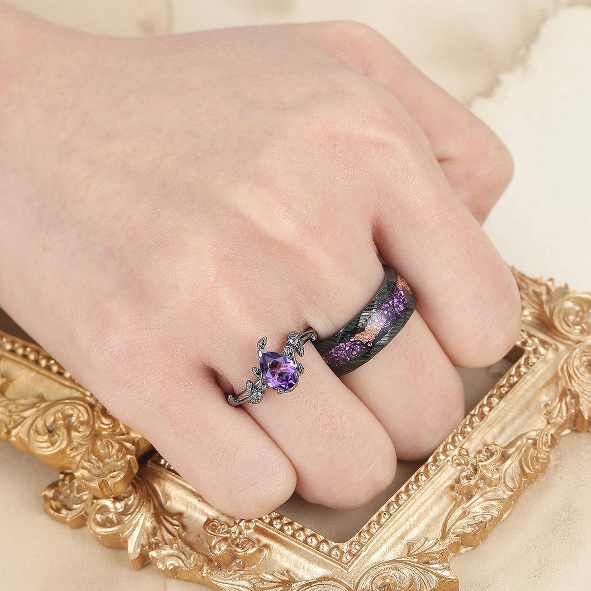 Unique Pear Cut Natural Amethyst Engagement Alexandrite Inlaid Couples Ring Set For Wedding Gift