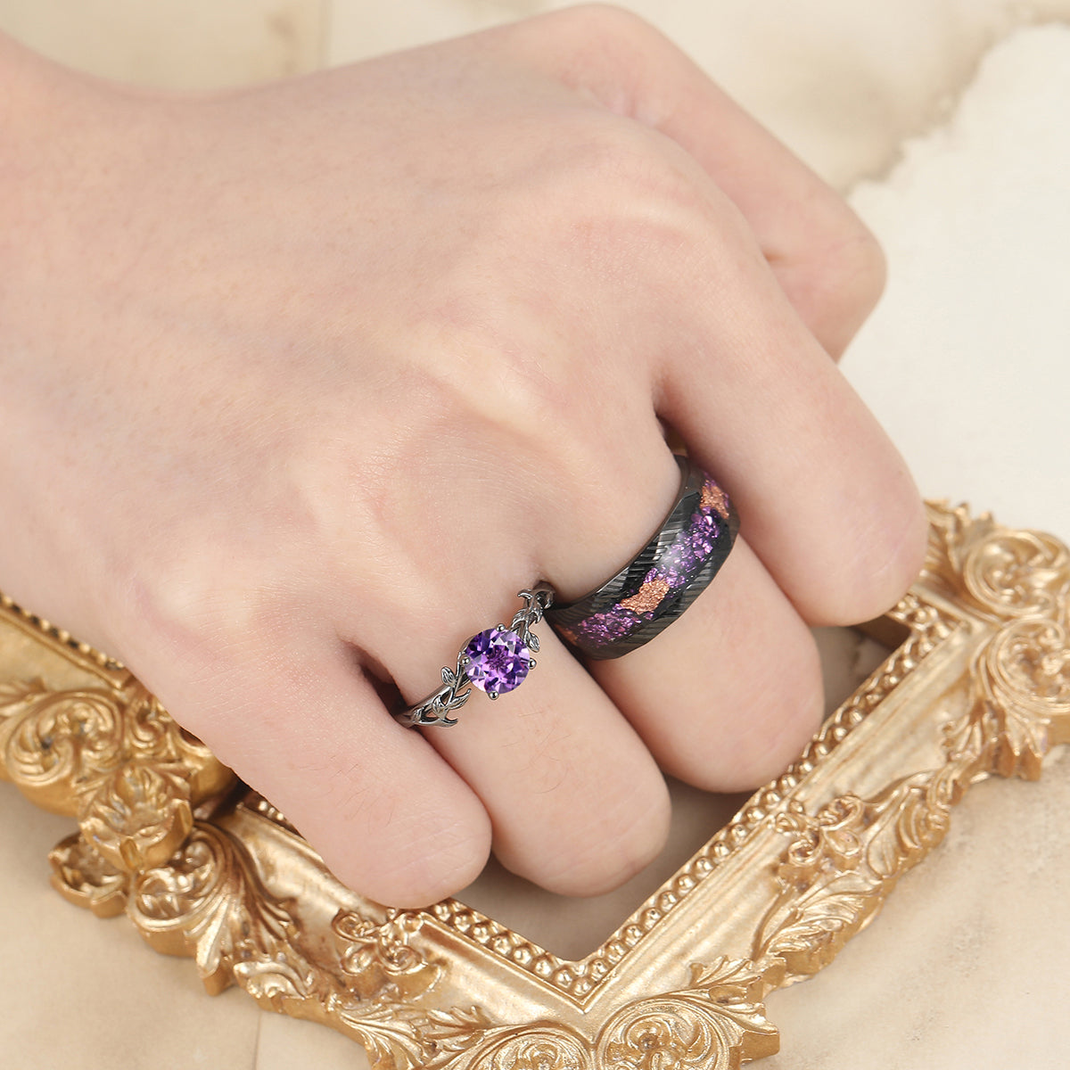 Solitaire Round Cut Amethyst Couples Ring Set Silver And Damascus Steel Matching Ring