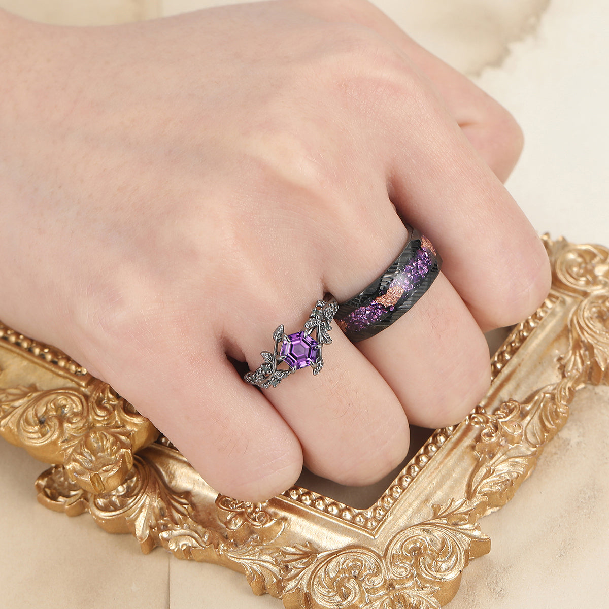 Retro Branches Purple Amethyst Engagement Couples Ring Set Matching Tungsten Promise Wedding Rings