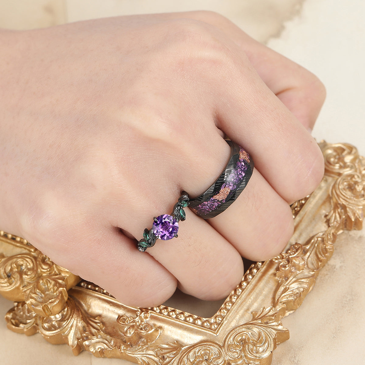 Exquisite Amethyst Leaf Motifs Engagement Couple Rings Promise Matching Crushed Purple Ring