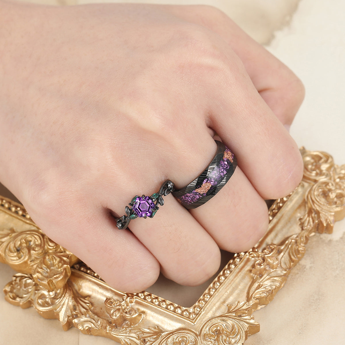 Nature-inspired Design Amethyst Sprig Engagement Rings Set For Couples Matching Promise Rings Couples Set