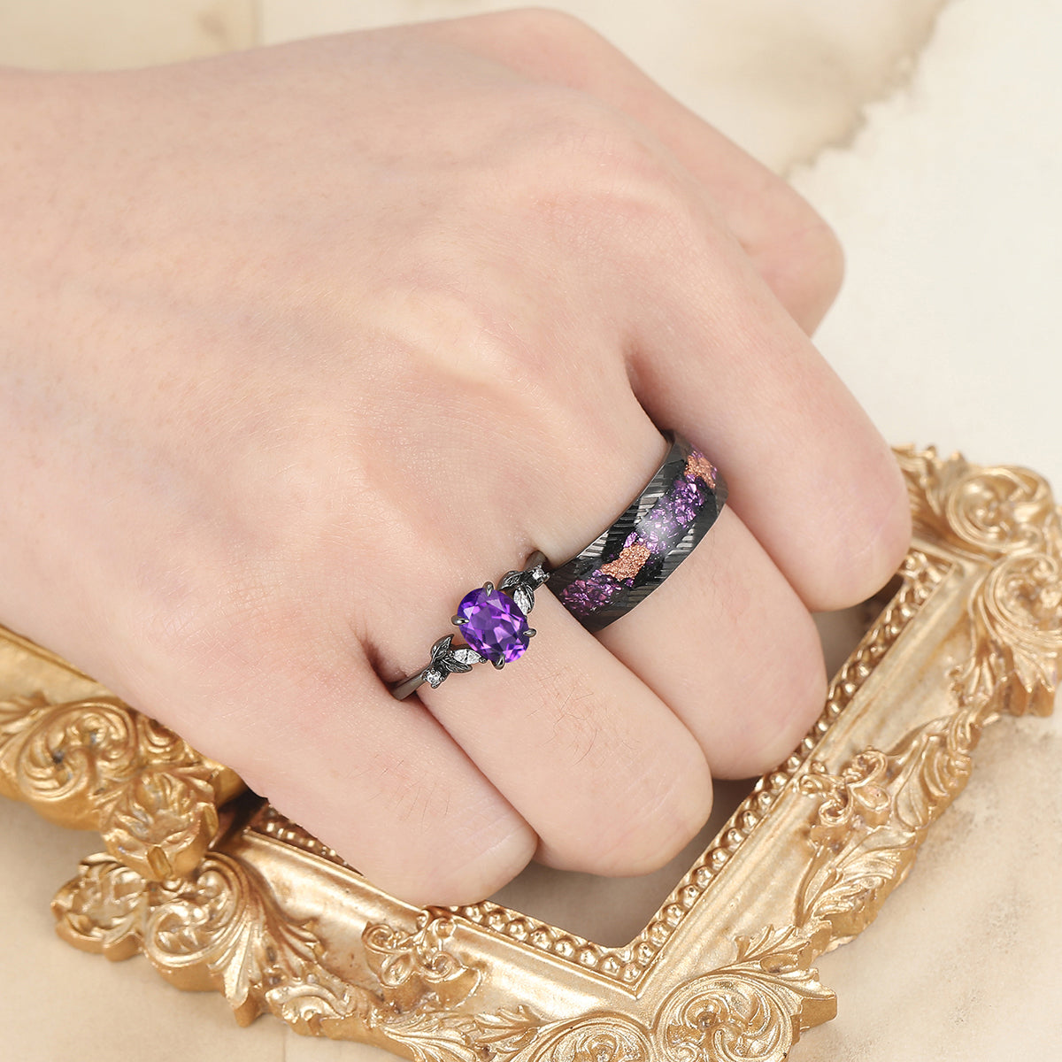 Unique Deep Purple Amethyst Engagement Branches Couples Ring Set Damascus Steel Matching Promise Rings