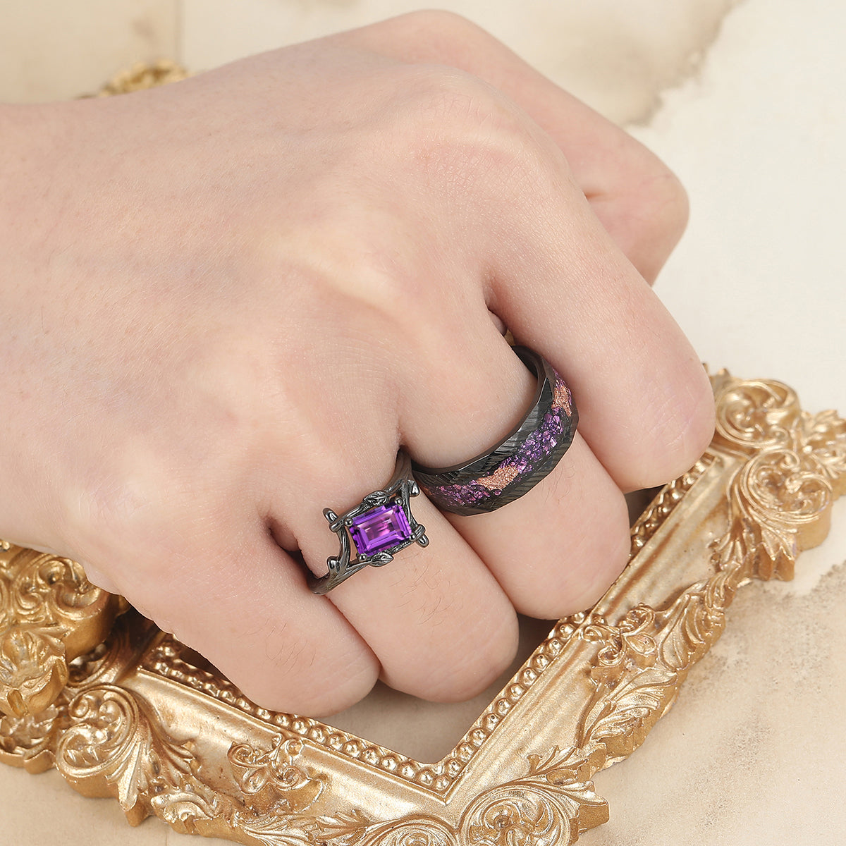 Branch Inspired Amethyst Embracing Engagement Couple Rings Purple His and Hers Ring Set
