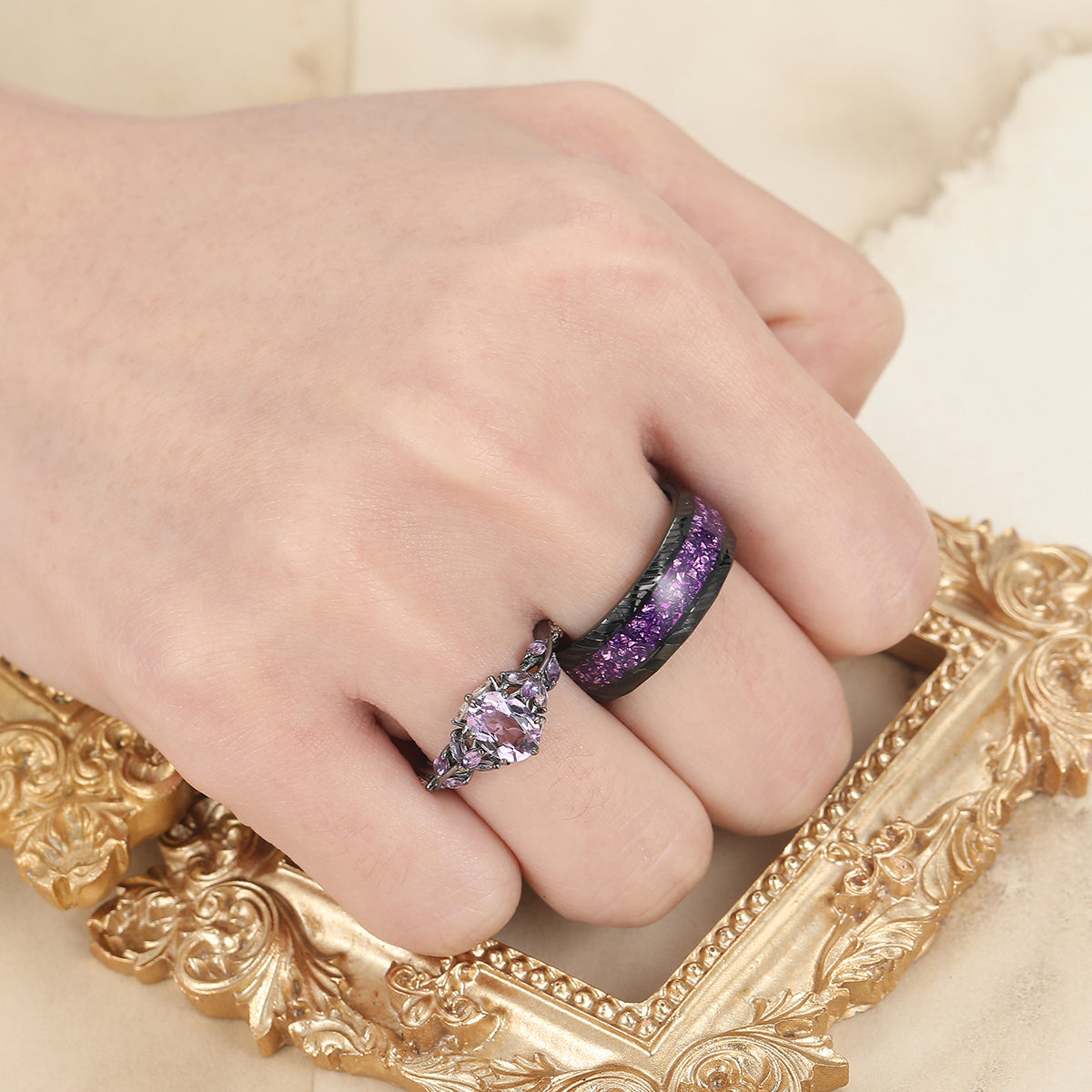 Art Deco Purple Amethyst Engagement Promise Couple Rings His and Hers Wedding Band
