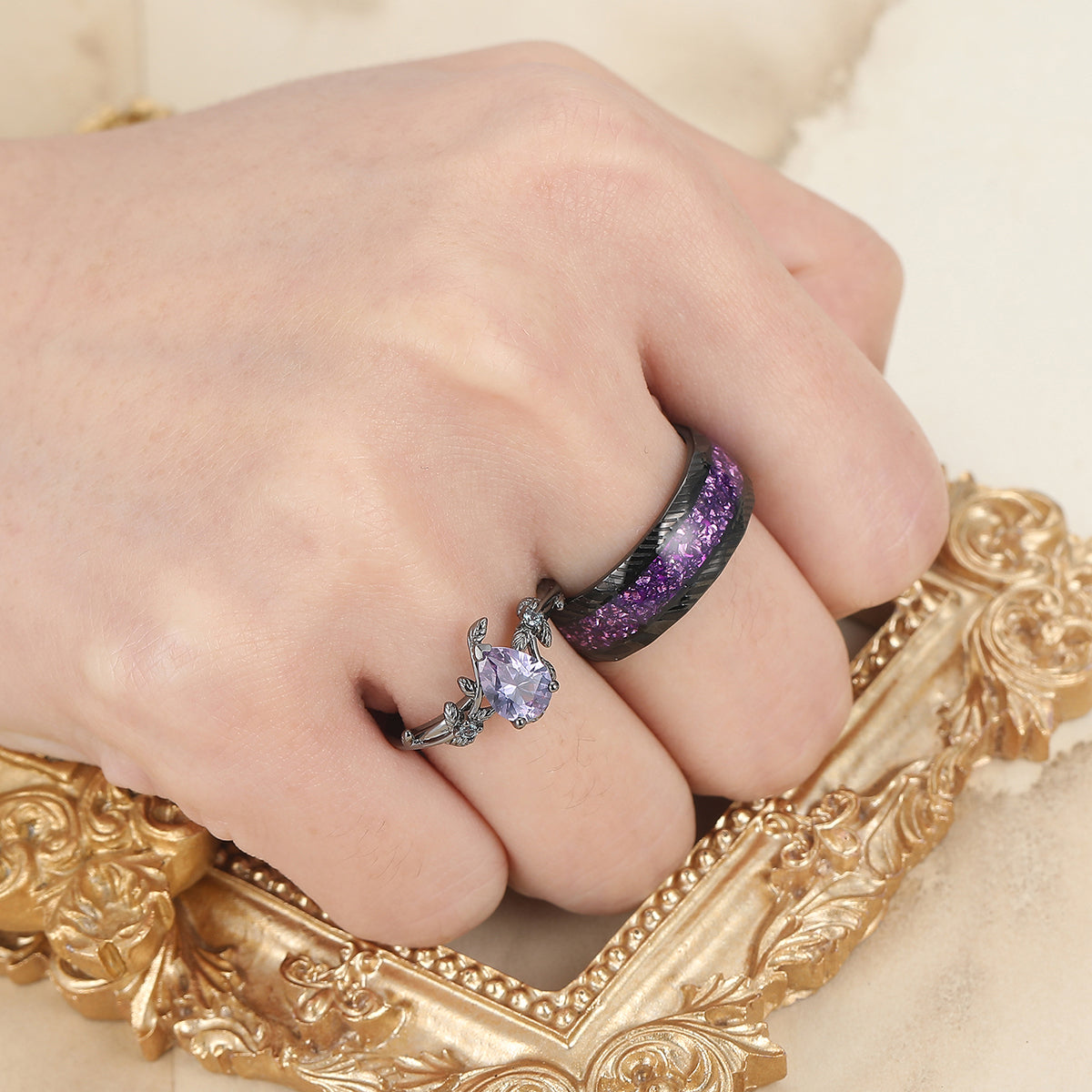 Unique Pear Cut Natural Amethyst Engagement Couples Ring Set For Wedding Gift