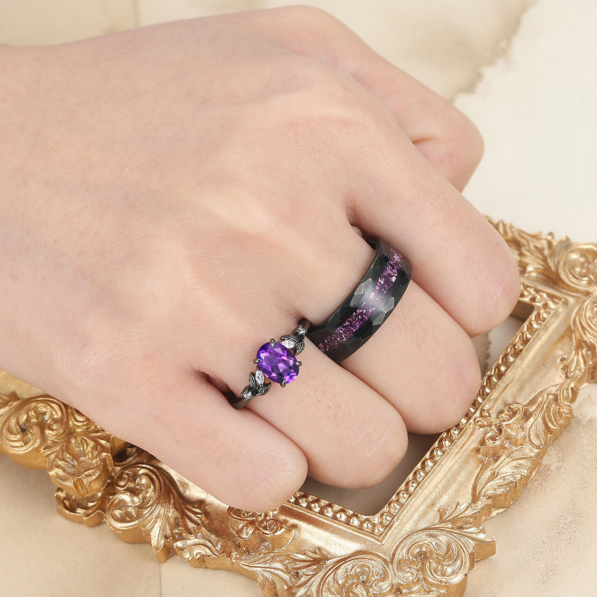 Dainty Natural Amethyst Leaves Couples Ring Set Amethyst Tungsten Inlay Matching Ring