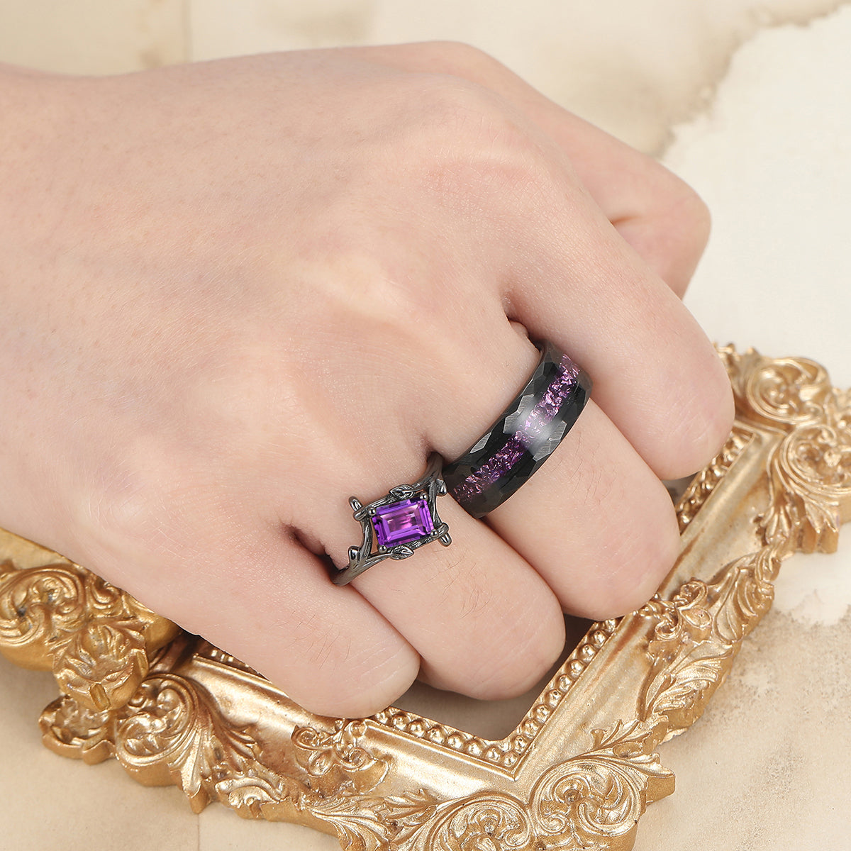 Branch Inspired Amethyst Embracing Couple Rings Purple His and Hers Ring Set