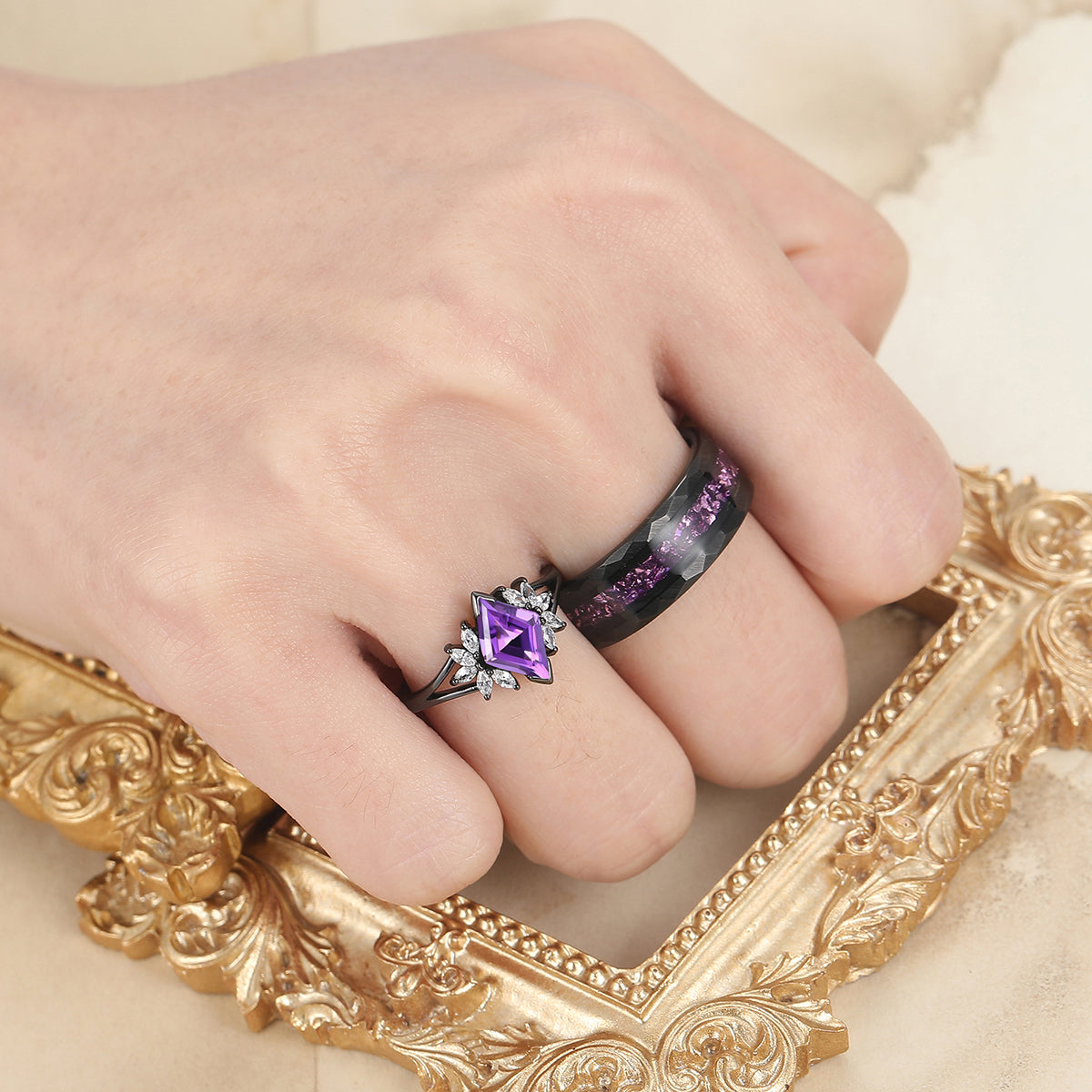 Artsy Amethyst Milgrain Ring Set For Couples Promise Blue Tungsten His and Hers Wedding Bands