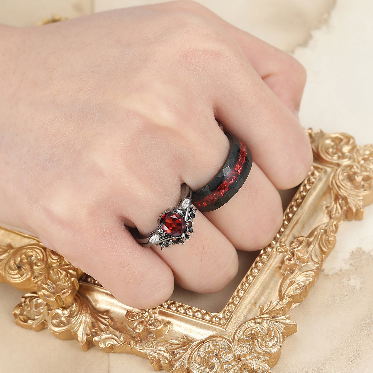Vintage Oval Red Garnet Tungsten Ruby Couples Ring Set 925 Sterling Sliver Black His and Hers Wedding Band