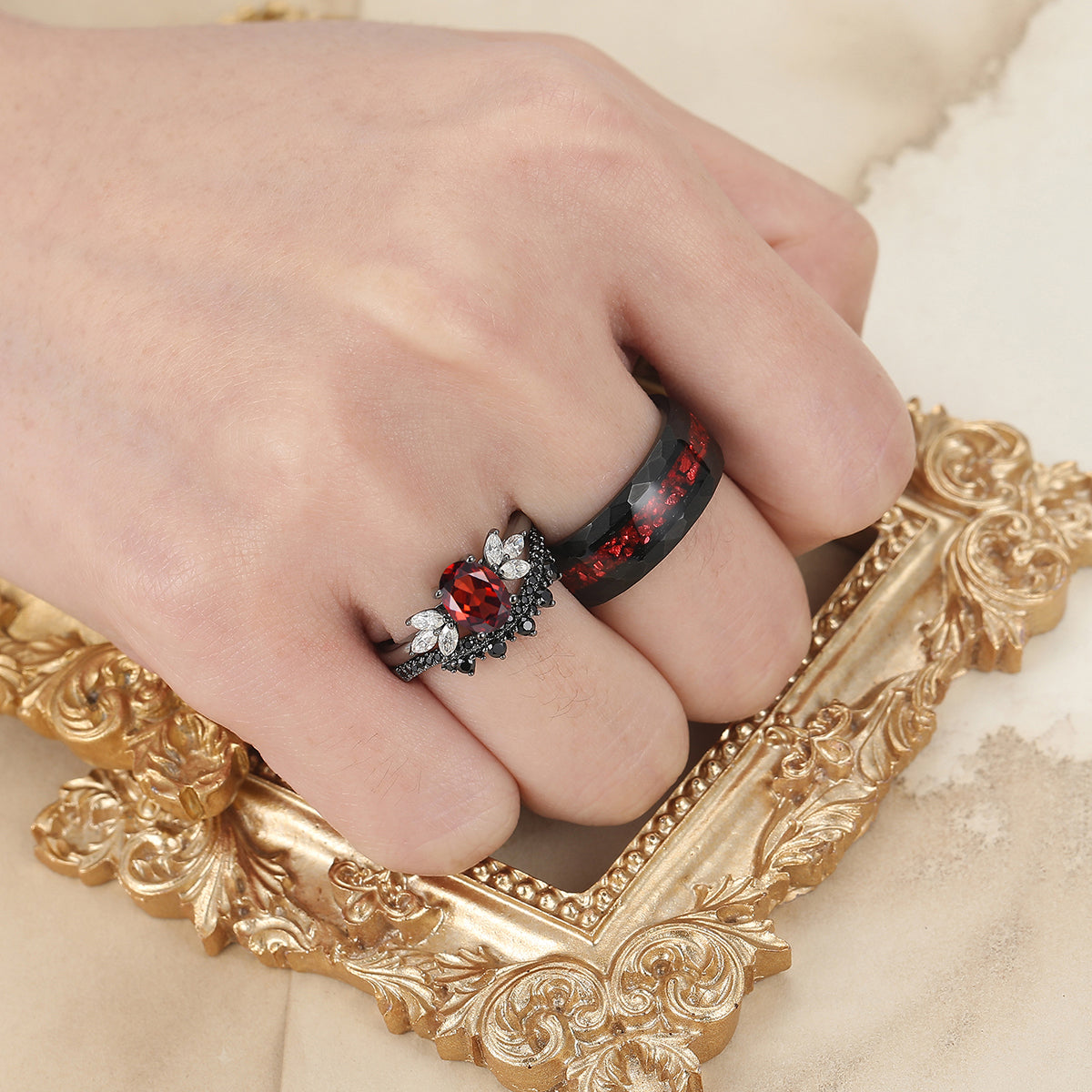Vintage Oval Red Garnet Tungsten Ruby Couples Ring Set Sterling Sliver Black His and Hers Wedding Band