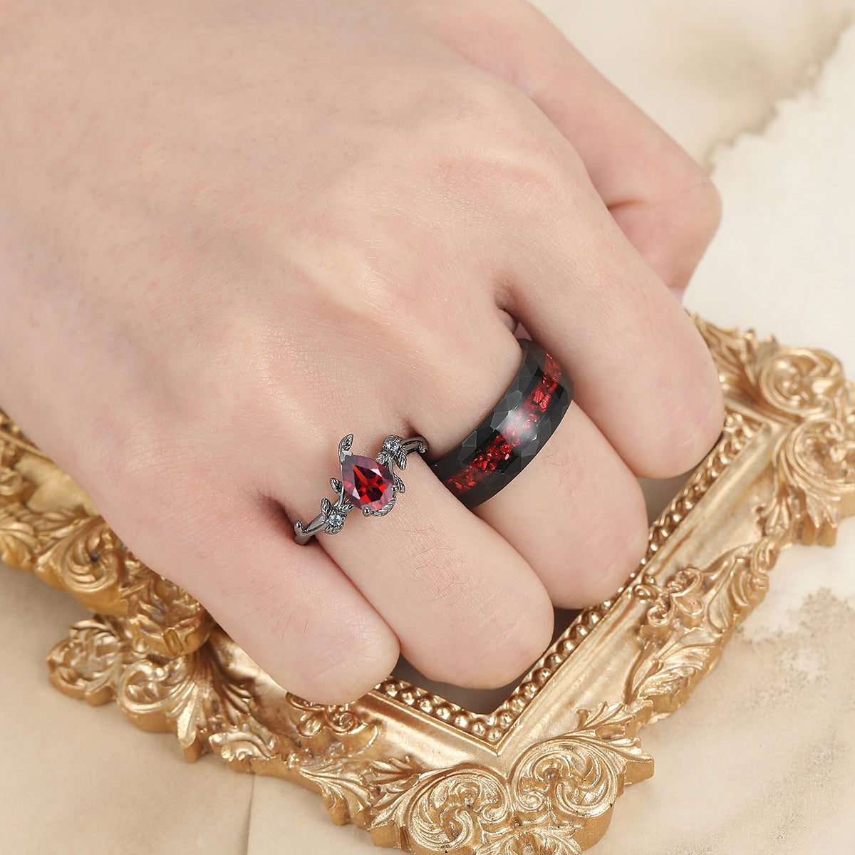 Pear Cut Natural Red Garnet Engagement Aquamarine Inlaid His and Hers Wedding Ring