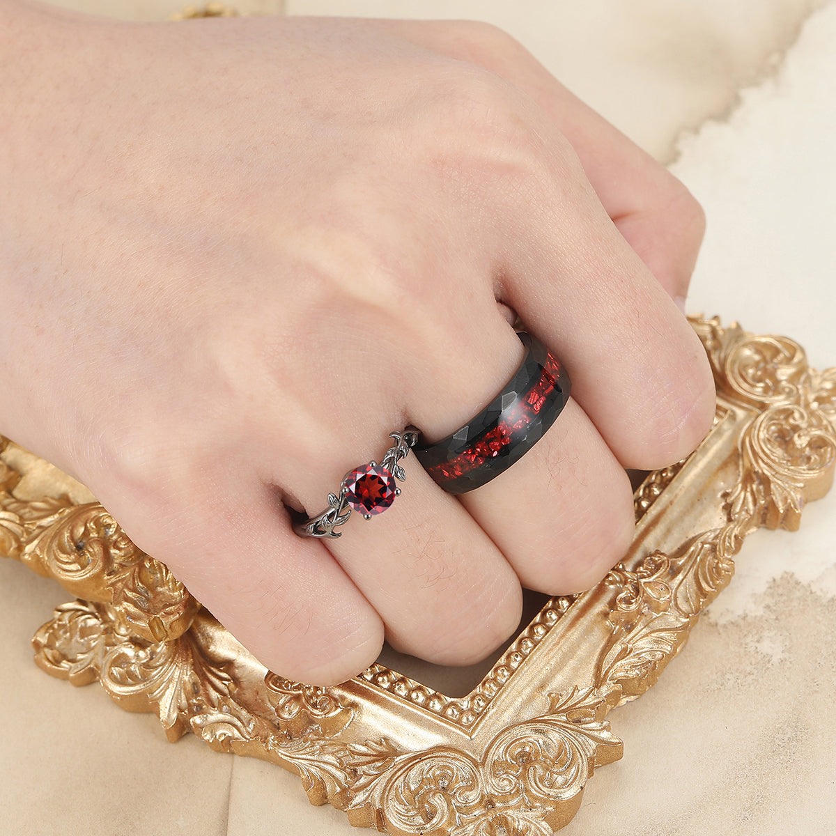 Solitaire Round Cut Red Garnet Couples Ring Set Silver And Tungsten Matching Ring Set