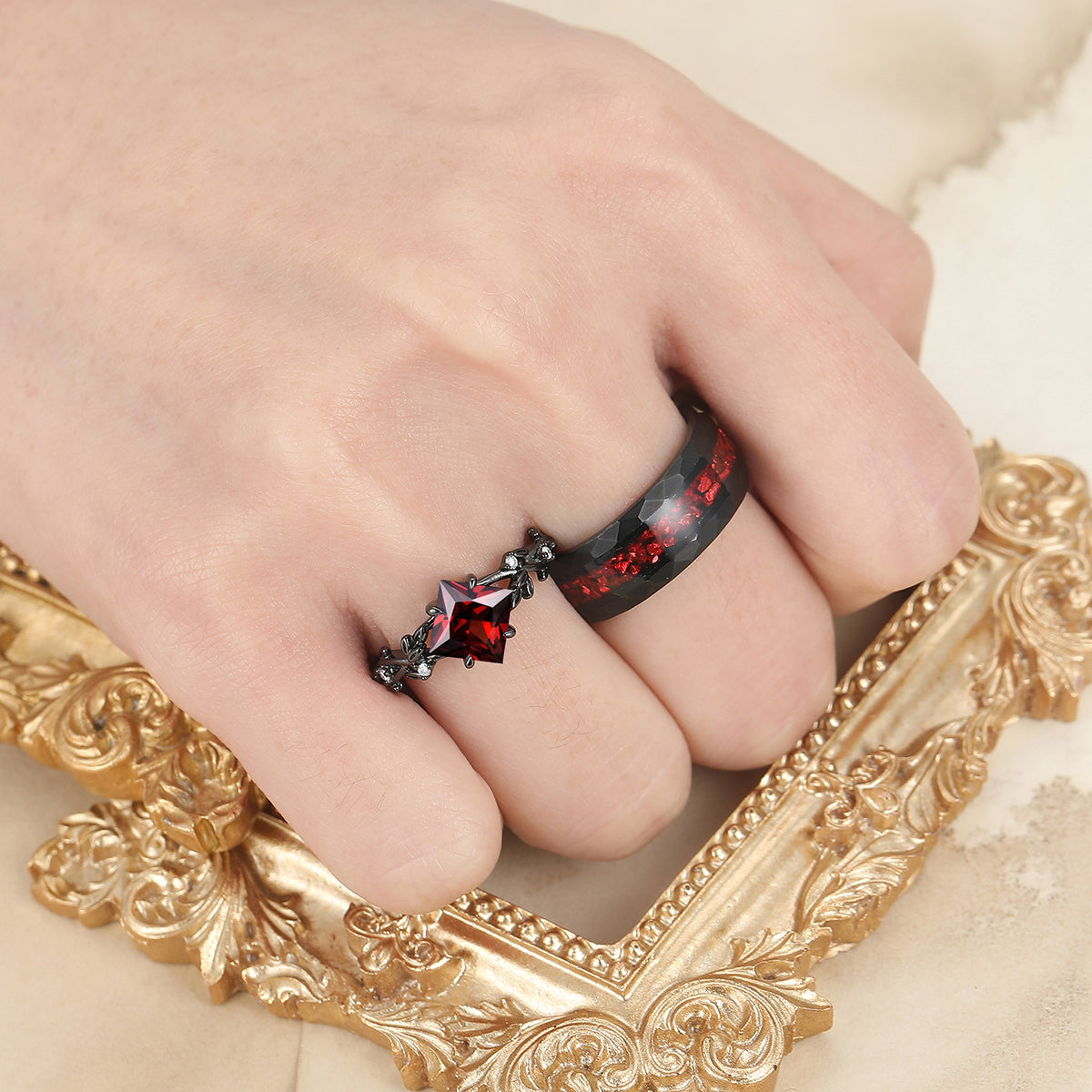 Exquisite Princess Leaf Red Garnet Engagement Couple Rings And Tungsten Black Plated His And Hers Matching Bands