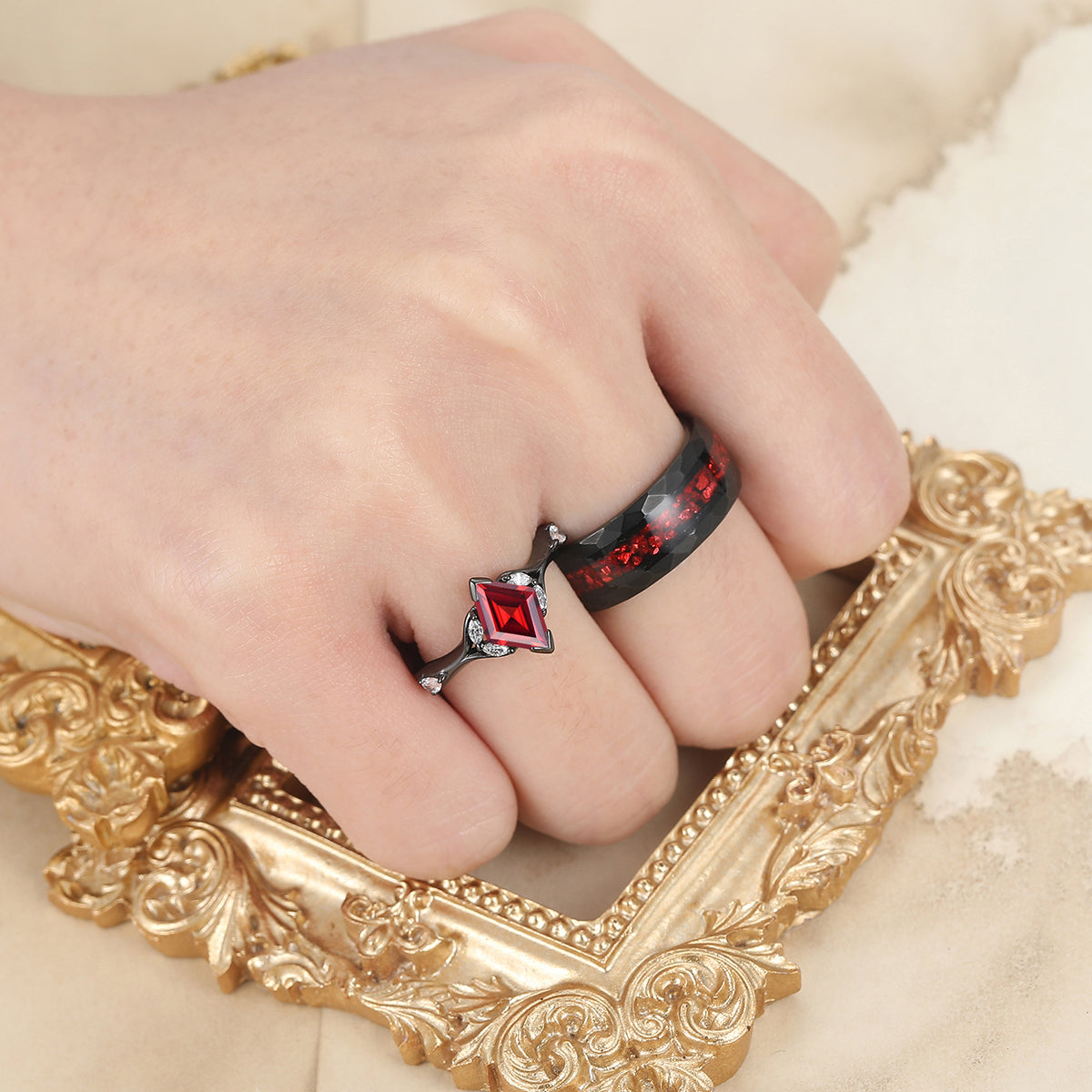 Stylish Red Garnet Accents Rings For Couples Unique Red Hammered Tungsten His Wedding Band