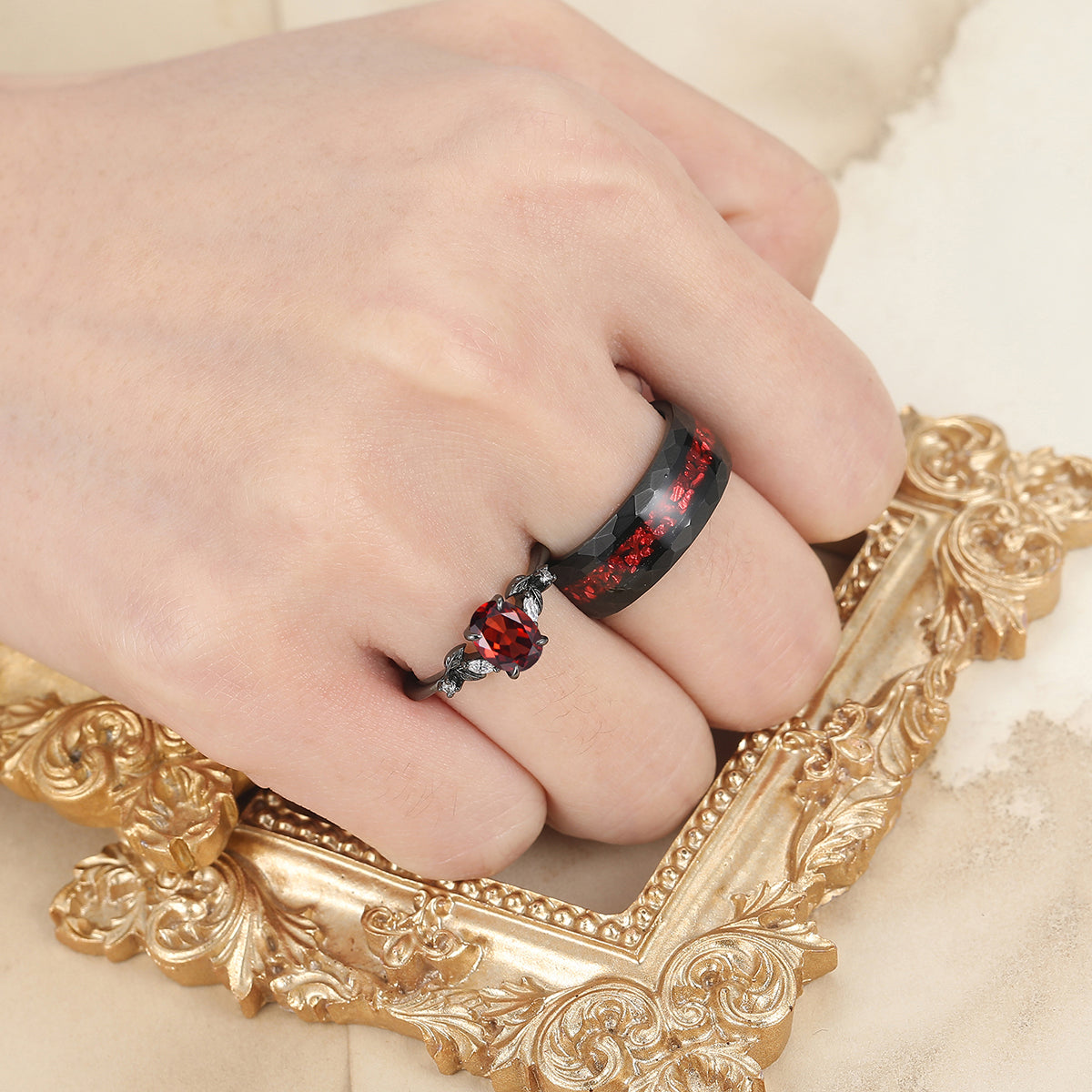 Leaves Natural Red Garnet Engagement Black Plated Couples Ring Hammered Tungsten Matching Band Couples' Set