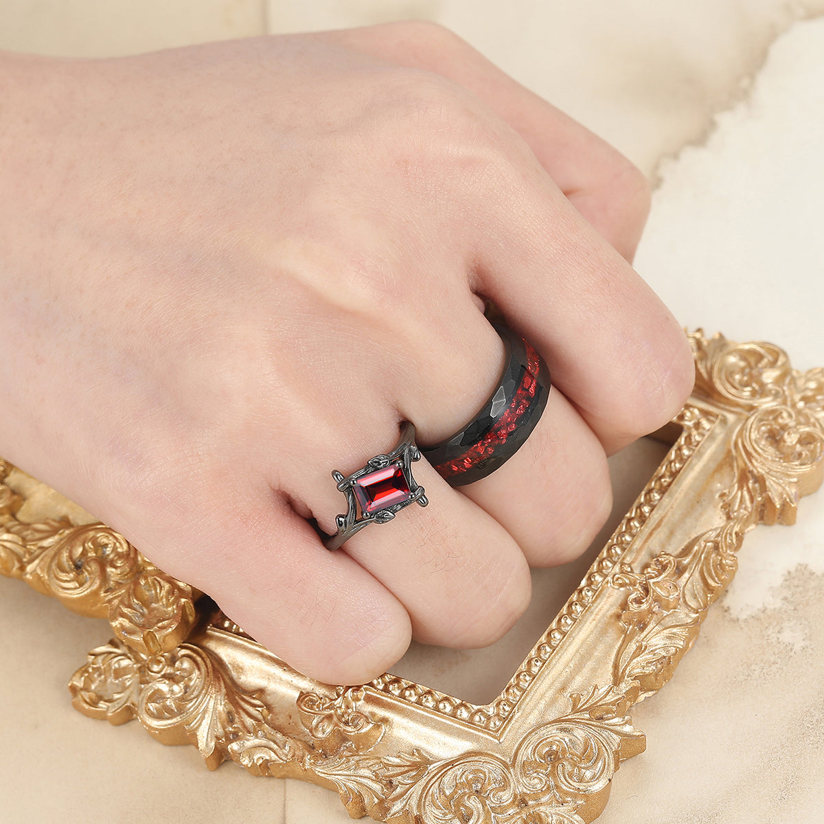 Emerald Cut Red Garnet Branches Couples Ring Set Red Opal Tungsten Matching His and Hers Wedding Band