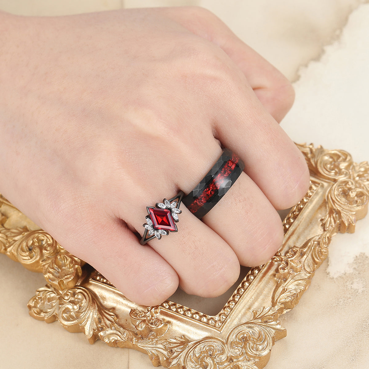 Artsy  Red Garnet Milgrain Ring Set For Couples Promise Blue Tungsten His and Hers Wedding Bands