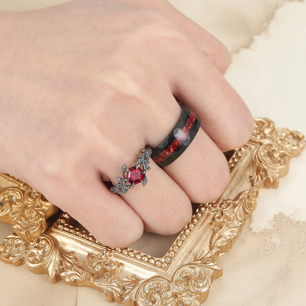 Hexagon Cut Red Garnet  Leaf Couples Ring Set His and Hers Wedding Band Rubys Inlay Tungsten Ring