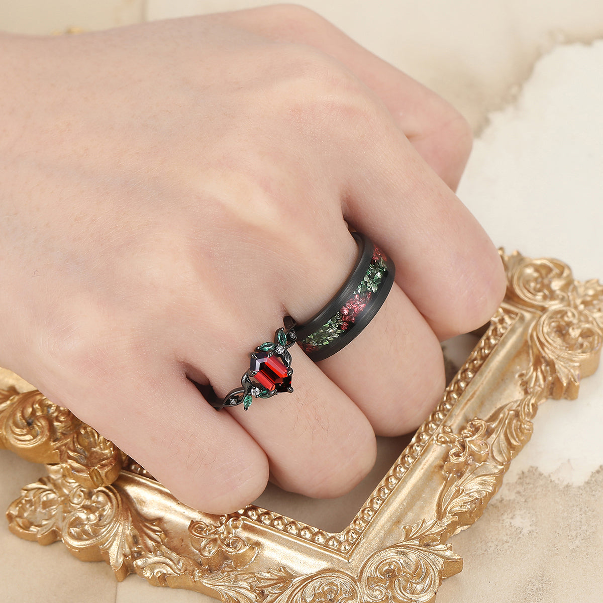 Unique Vine-Wrapped Red Garnet with Emerald Leaf Design Engagement Couple Rings Personalized Couples' Set