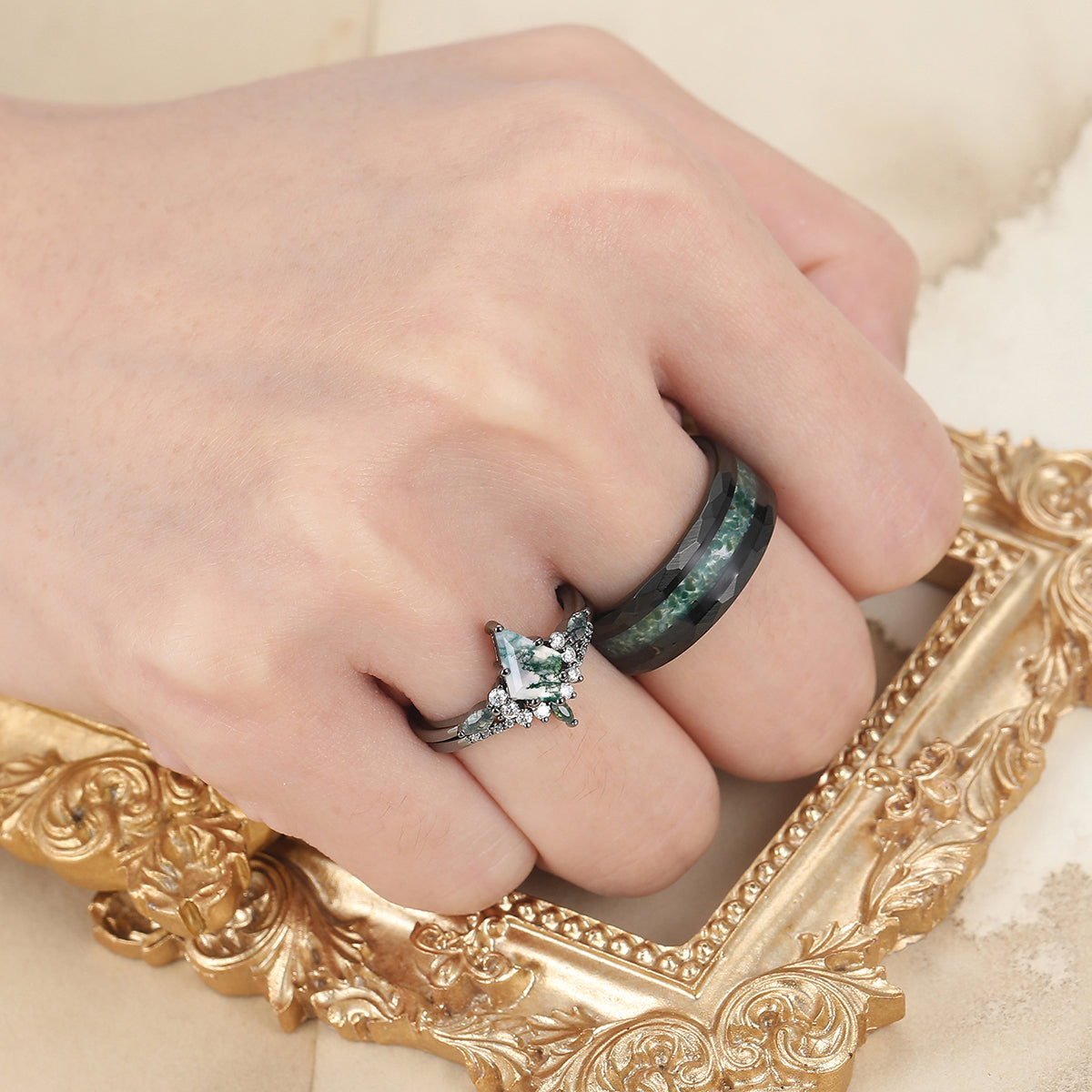 Vintage Kite Shape Green Moss Agate Couples Ring Set 925 Sliver His and Hers Wedding Band