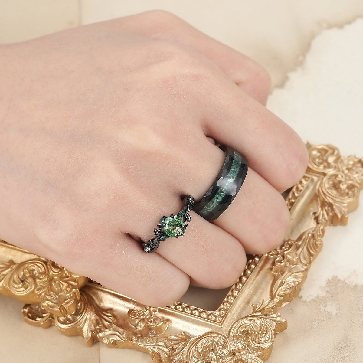 Exquisite Moss Agate Sprigs Engagement Couple Rings Promise Green Tungsten Wedding Rings
