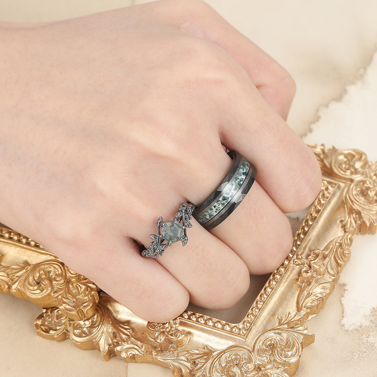 Moss Agate Sprigs Engagement Couple Rings Tungsten Matching Wedding Rings