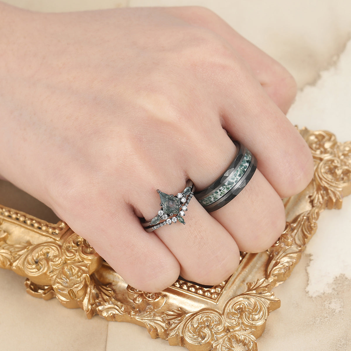 Vintage Kite Green Moss Agate Couple Ring Set 925 Sliver His and Hers Wedding Ring