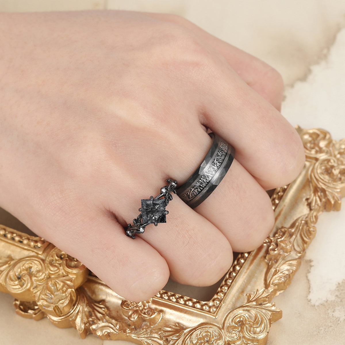 Princess Cut Black Rutilated Quartz Engagement Couples Ring S925 And Tungsten Matching Ring