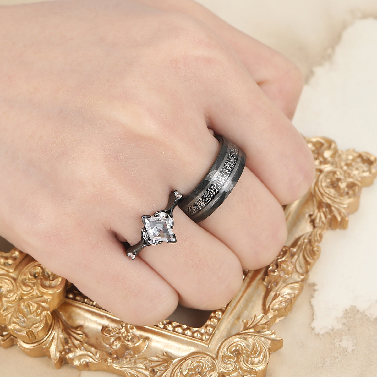 Unique  Moissanites Engagement Couple Rings Matching Promise His And Hers Wedding Band