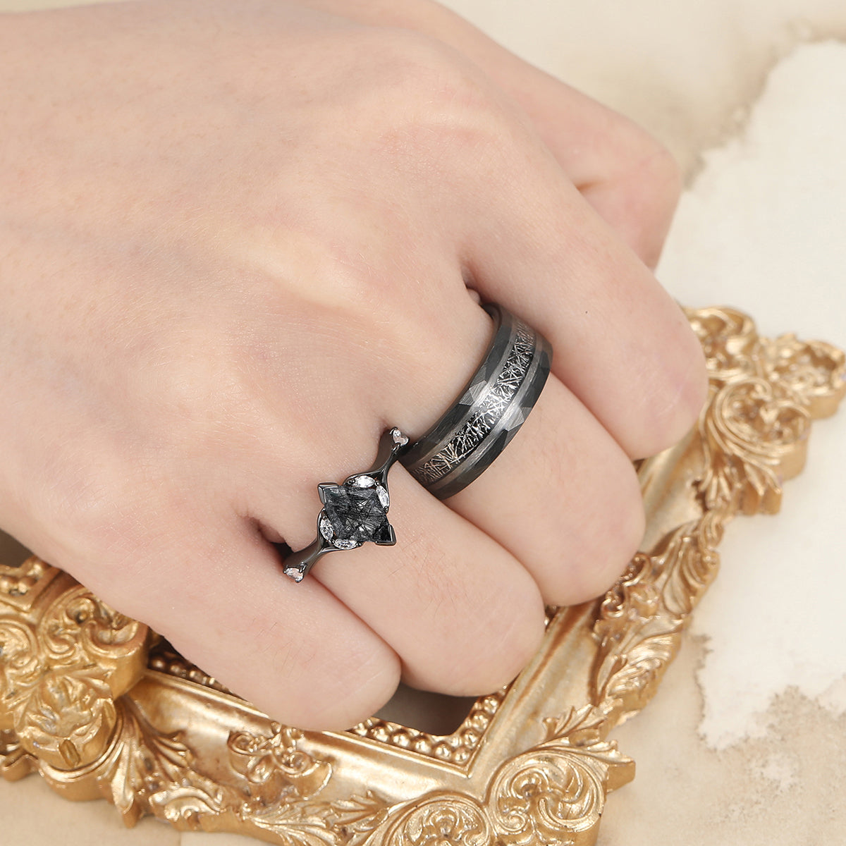 Delicate Black Rutilated Quartz Twisted Engagement Couple Rings Matching Tungsten Wedding Band