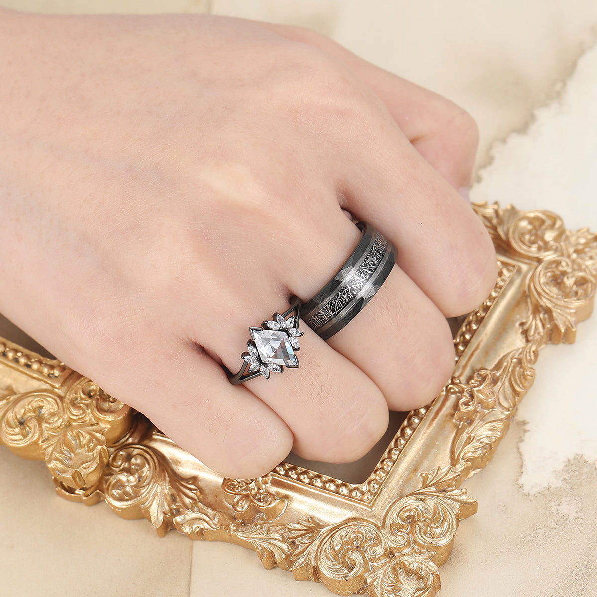 Unique Rhombus Cut Moissanites Engagement Couple Rings Matching Promise His And Hers Wedding Band