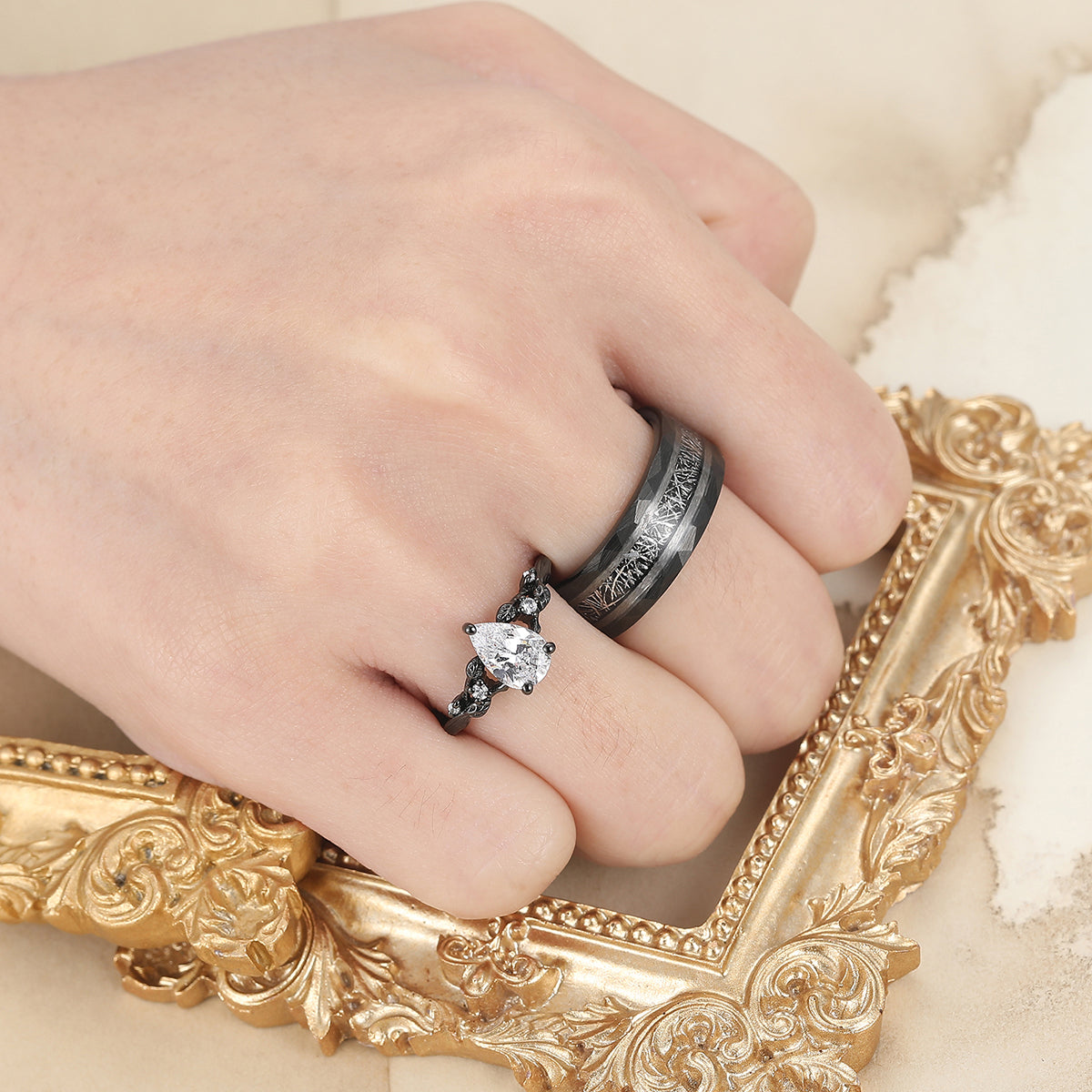 Unique Leaf Design Moissanites Engagement Couple Rings Matching Promise His And Hers Wedding Band