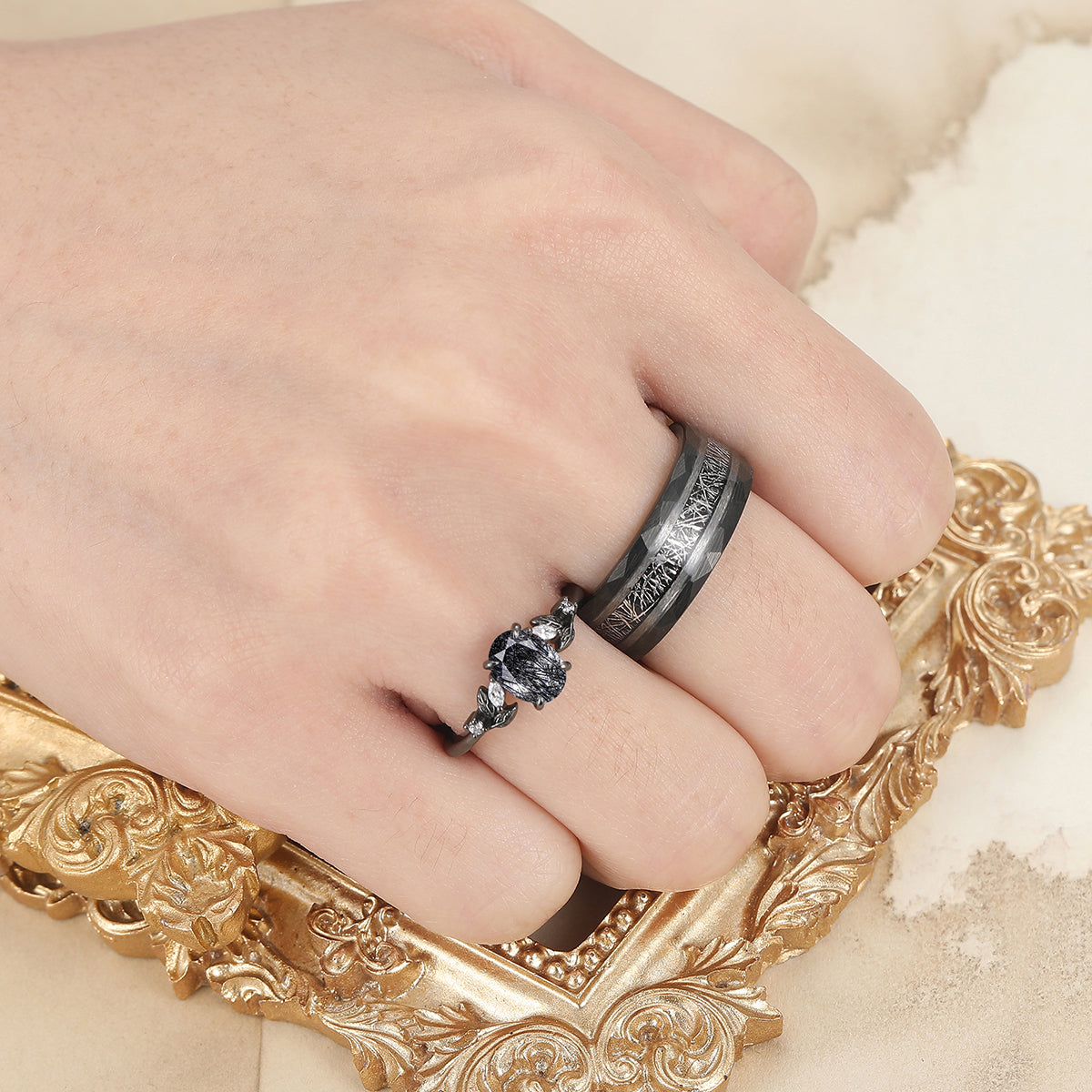 Elegant Black Rutilated Quartz Leaf Accents Engagement Rings For Couples Hammered Black Tungsten Bands