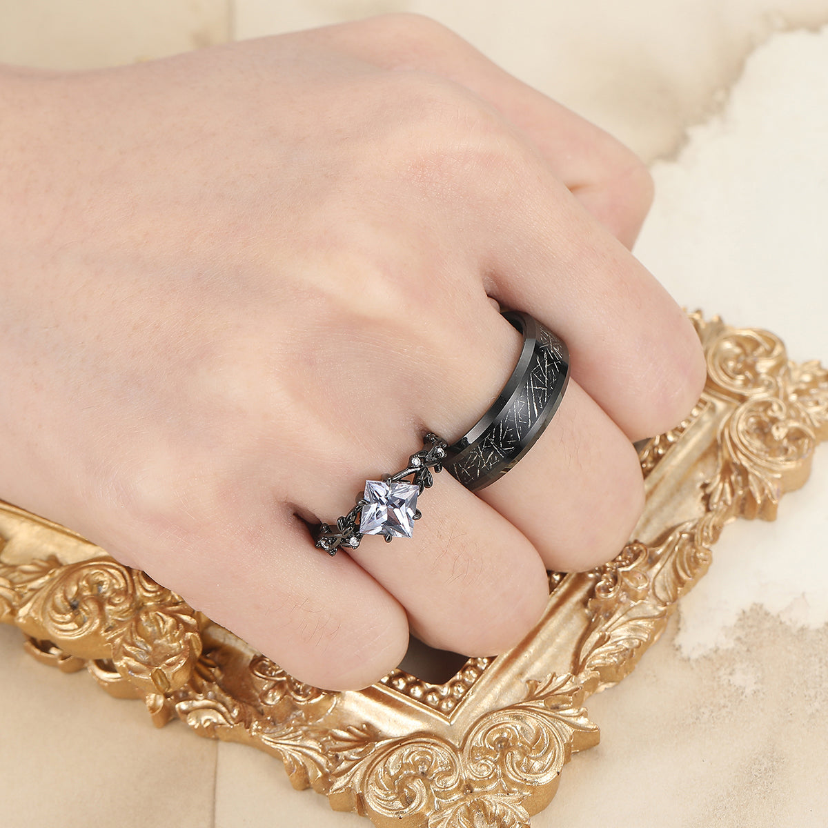 Unique Princess cut Engagement Couple Rings Tungsten Matching Promise His And Hers Wedding Band