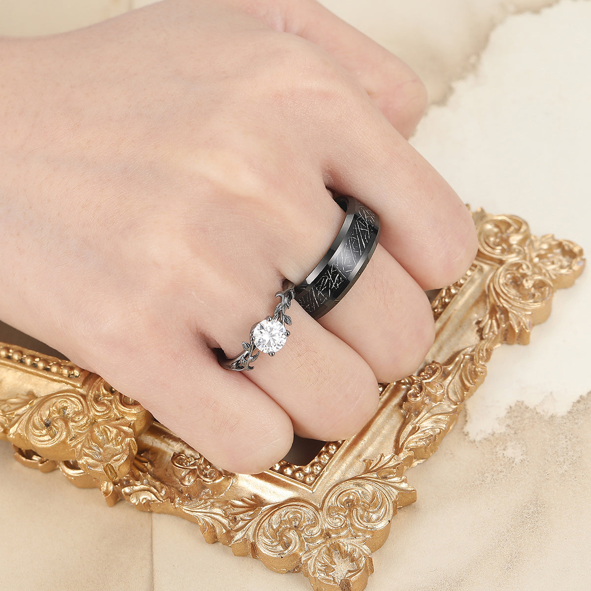 Moissanite Engagement Couples Ring Set And Tungsten Matching Ring His and Hers Ring Set