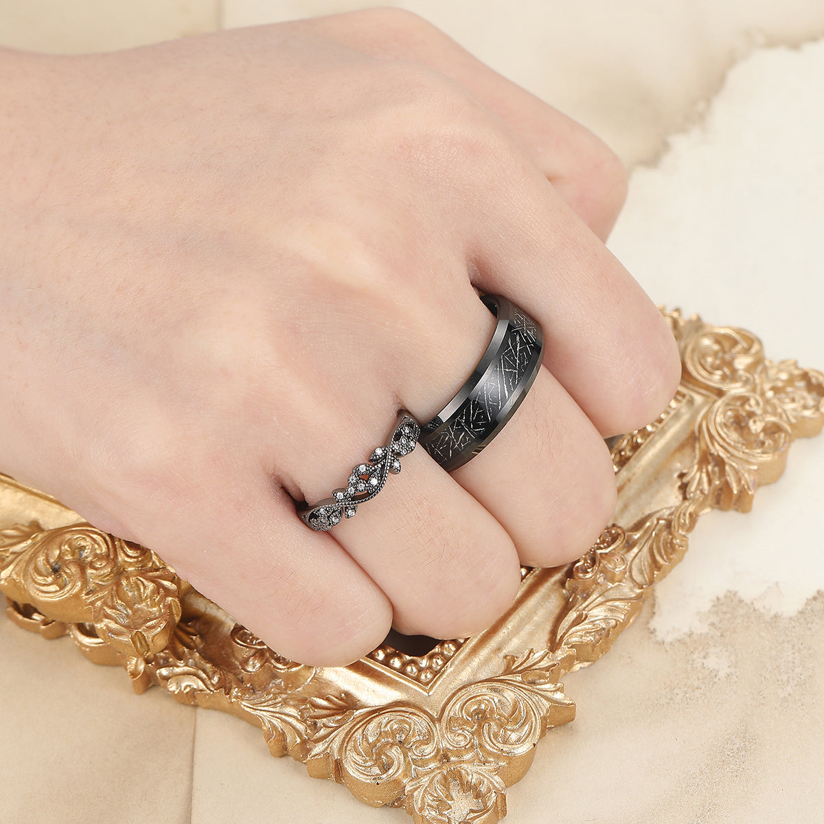 Vintage Black Rutilated Quartz Gold Leaf Tungsten His and Hers Ring Set