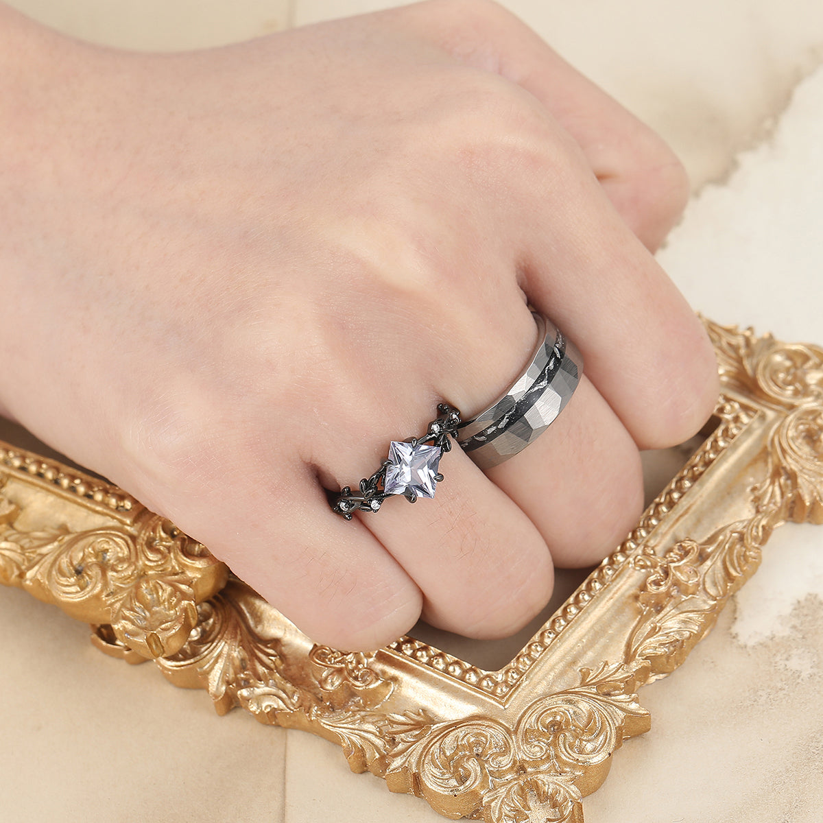 Unique Nature Inspiration Engagement Couple Rings Tungsten Matching Promise His And Hers Wedding Band
