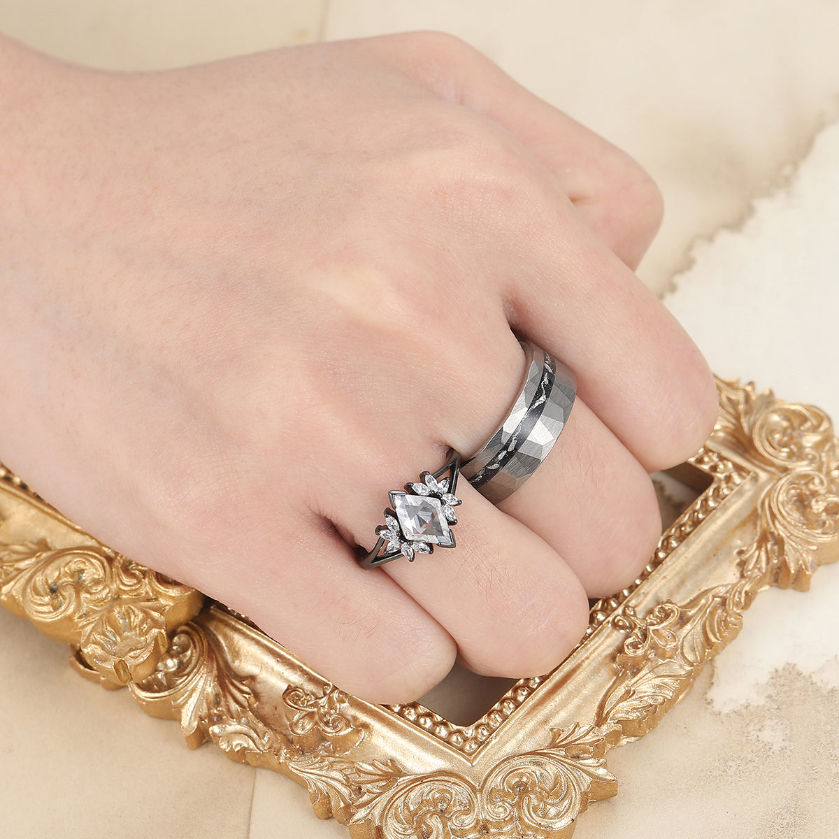 Unique Moissanites Engagement Couple Rings Meteorite Inlay Tungsten Matching Promise His And Hers Wedding Band