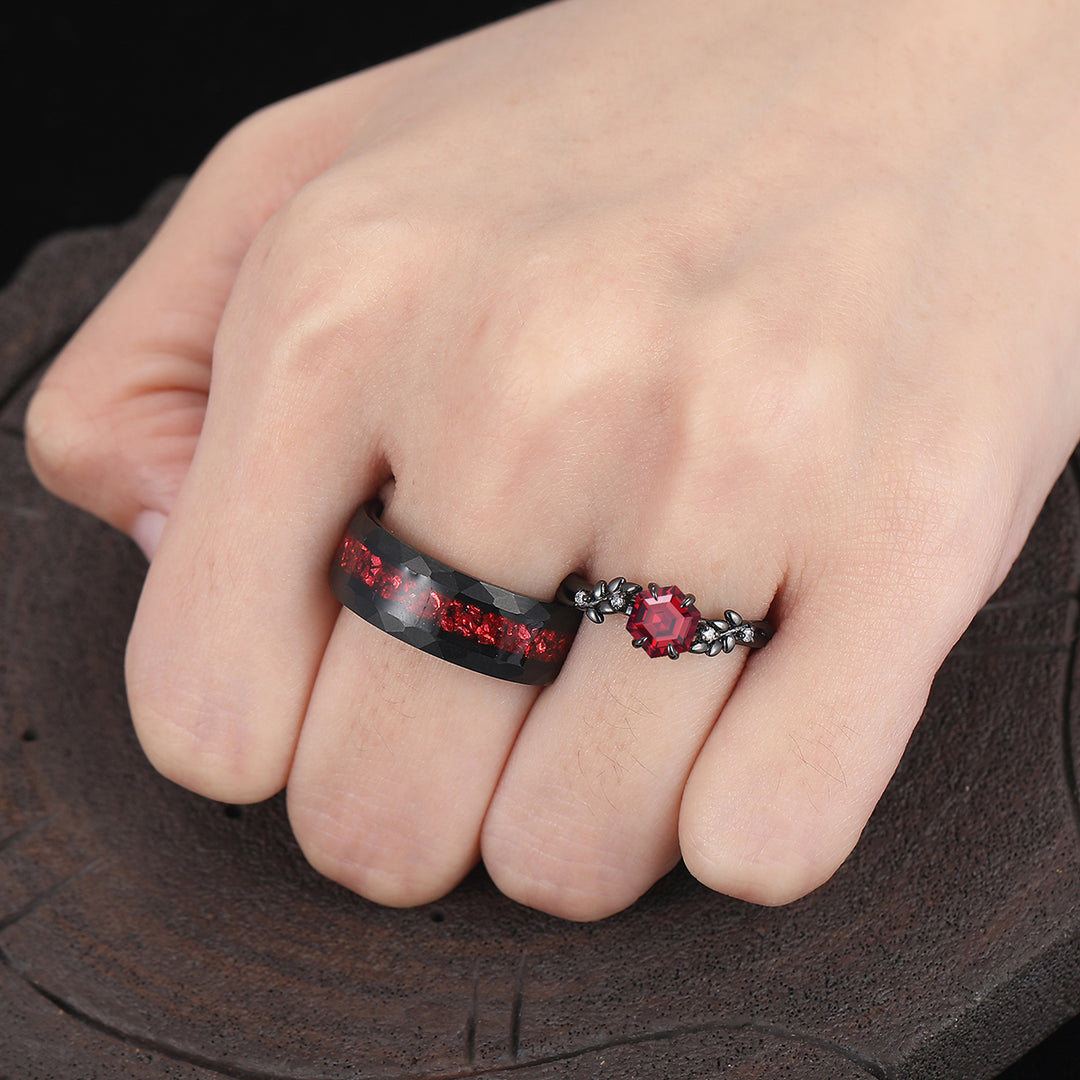 Sprig Natural Red Garnet Couples Ring Set Promise Red His And Hers Matching Ring For Men And Women Ring Set