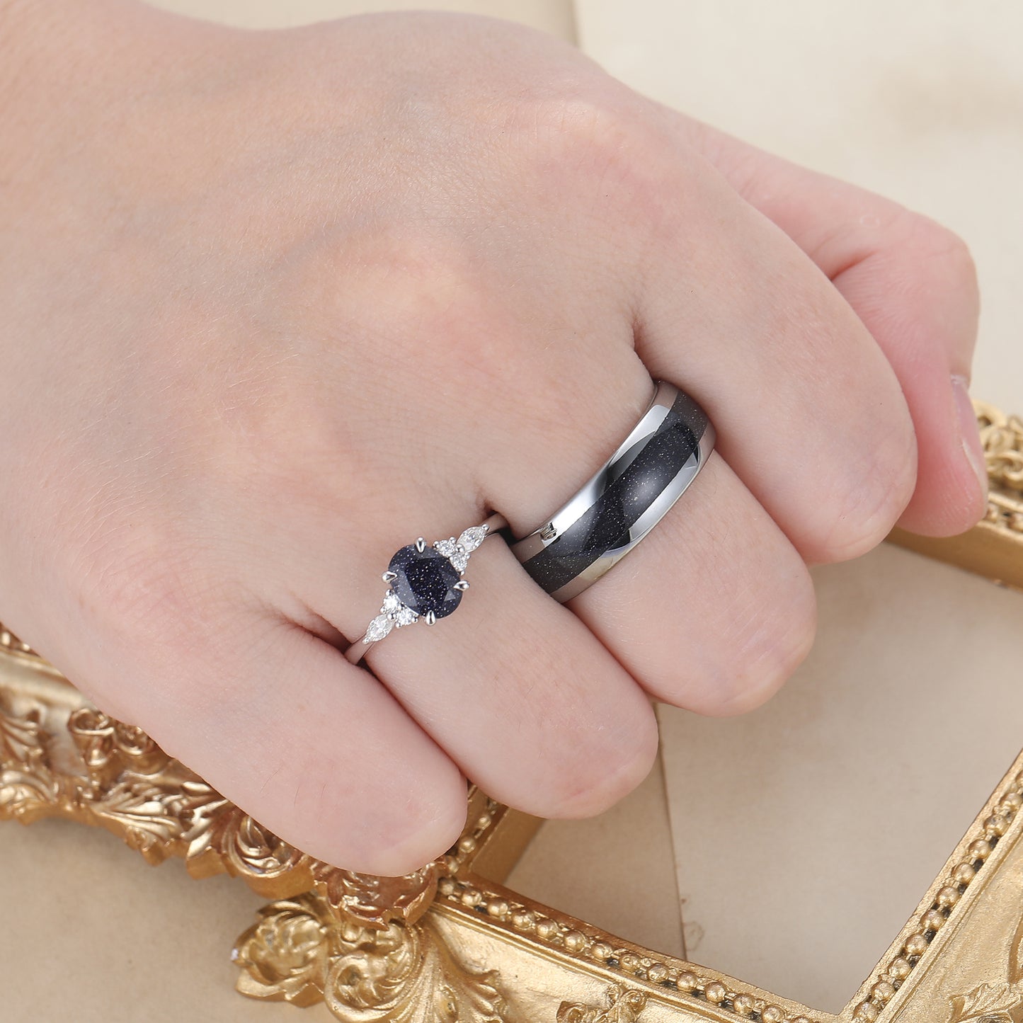 Nebula Blue Sandstone Couple Ring Dark Blue S925 And Tungsten Matching Ring