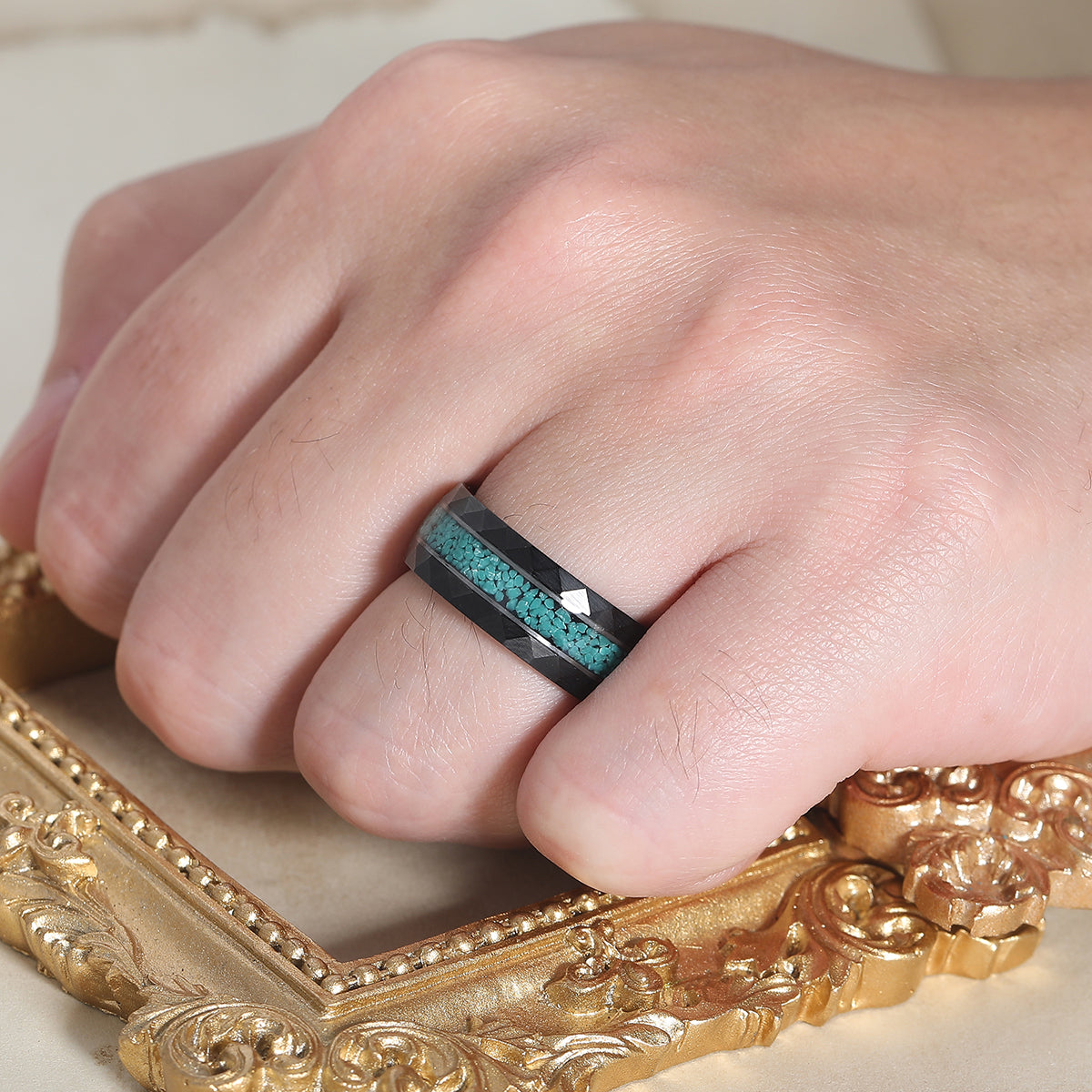 Men's Moss Agate Hammered Tungsten Ring Comfort Fit Promise Ring For Men and Women