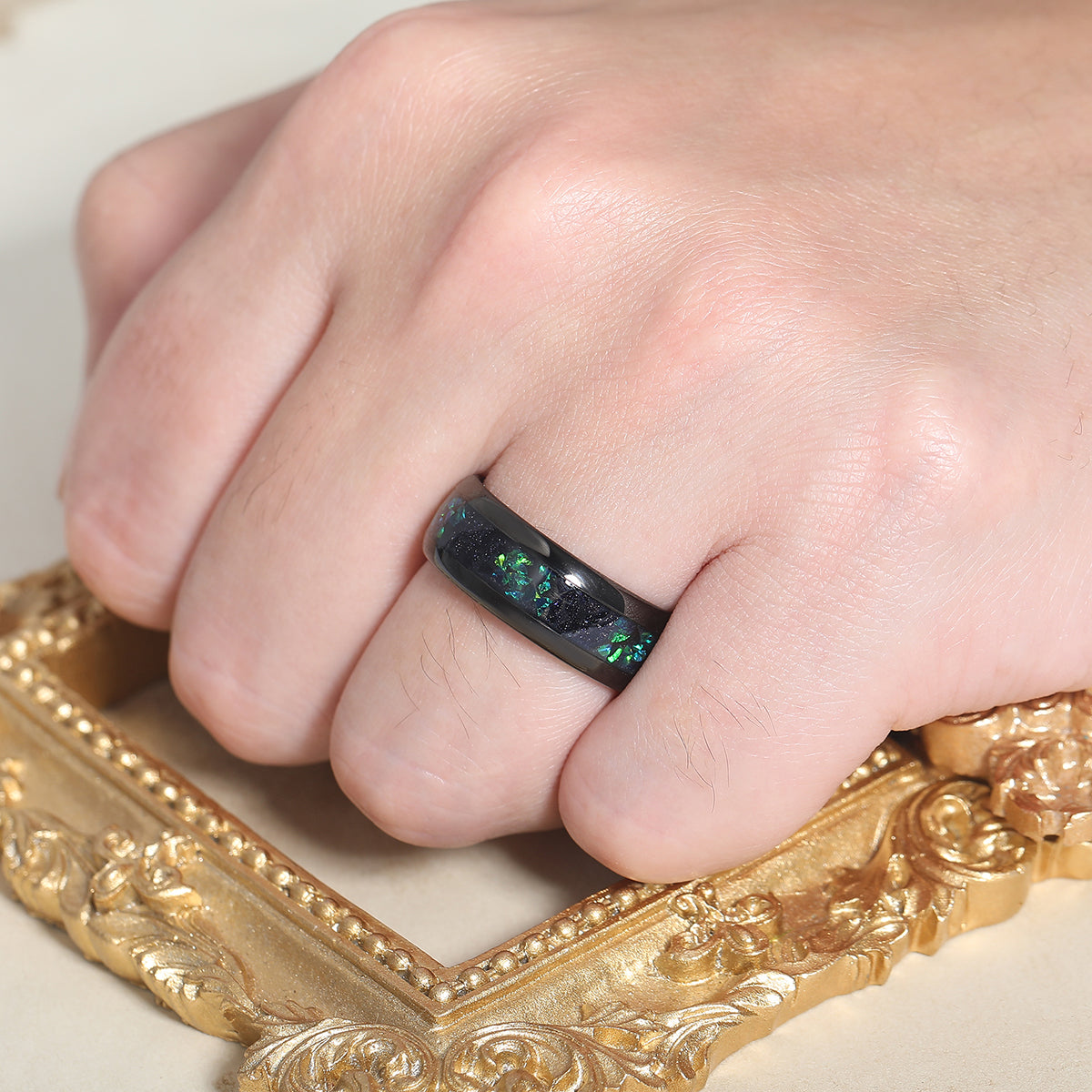 Crushed Blue Sandstone Peacock Green Opal Tungsten Carbide Men's Anniversary Ring Unisex Ring