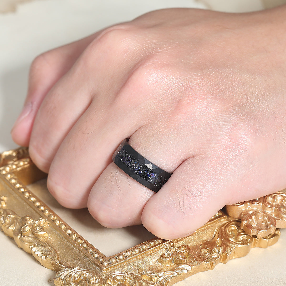 Crushed Meteorites and Blue Opal Tungsten Band 8mm Balck Plated Men's Anniversary Ring