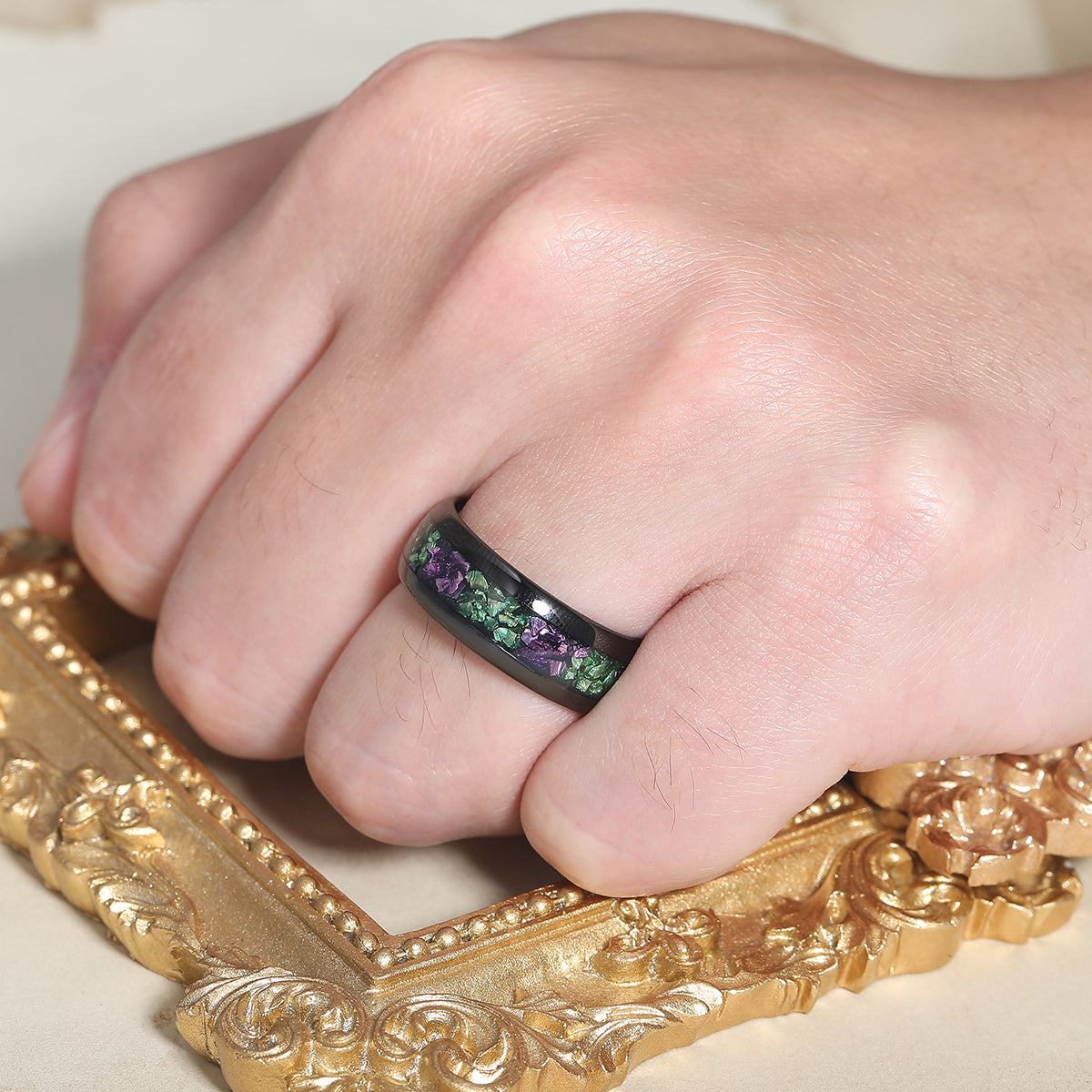 8mm Polished Dome Tungsten Men's Band Purple Amethyst Emerald Anniversary Ring
